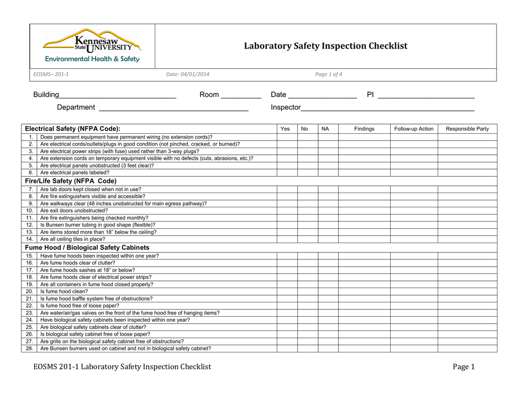 Laboratory Safety Inspection Checklist