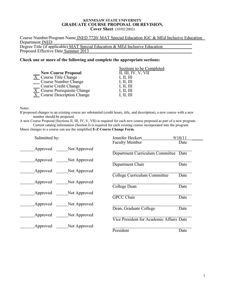 GRADUATE COURSE PROPOSAL OR REVISION, Cover Sheet