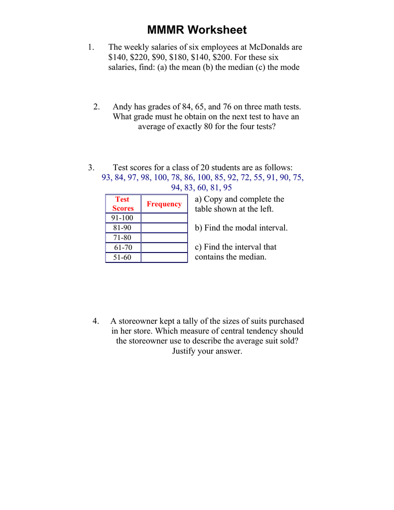 MMMR Worksheet With Measure Of Central Tendency Worksheet