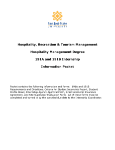 Hospitality, Recreation &amp; Tourism Management Hospitality Management Degree 191A and 191B Internship
