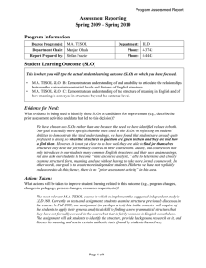 Assessment Reporting Spring 2009 – Spring 2010 Program Information Student Learning Outcome (SLO)