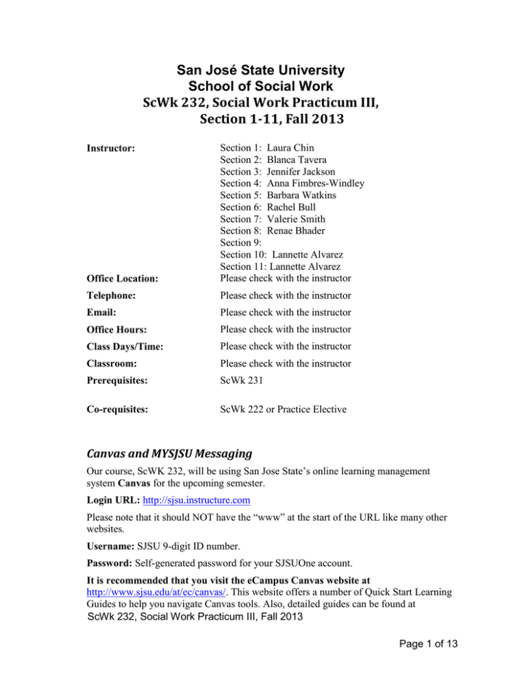 San José State University School of Social Work Section 111, Fall 2013