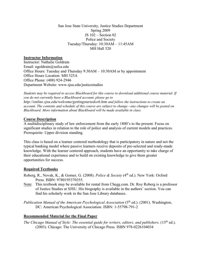 Sjsu Spring 2022 Finals Schedule San Jose State University, Justice Studies Department Spring 2009 Police  And Society