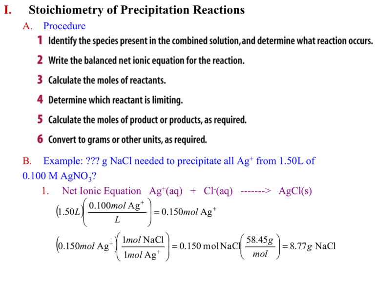 I Stoichiometry Of Precipitation Reactions