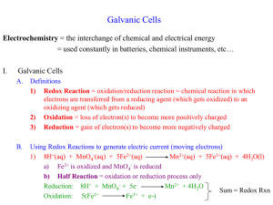 Galvanic Cells Electrochemistry = used constantly in batteries, chemical instruments, etc… I.