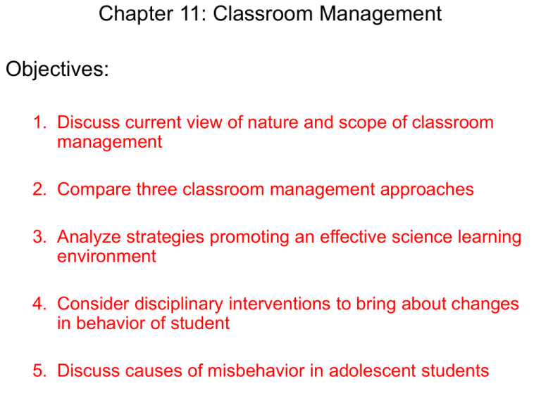 Chapter 11 Classroom Management Objectives 