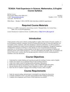 TE362A: Field Experience in Science, Mathematics, &amp; English Course Syllabus 1