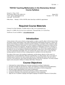 TE910A Teaching Mathematics in the Elementary School Course Syllabus