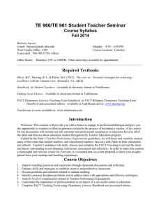 TE 960/TE 961 Student Teacher Seminar Course Syllabus Fall 2014