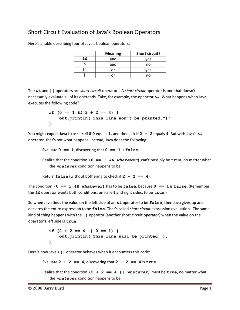 Short Circuit Evaluation Of Java`s Boolean Operators 9112