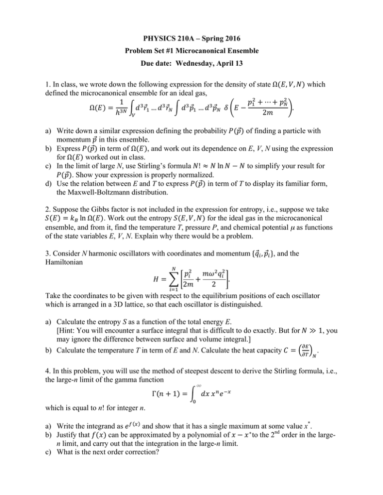 Physics 210a Spring 16 Problem Set 1 Microcanonical