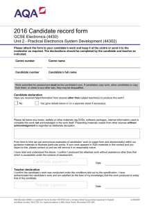 GCSE Electronics Candidate record form Unit 02: Candidate