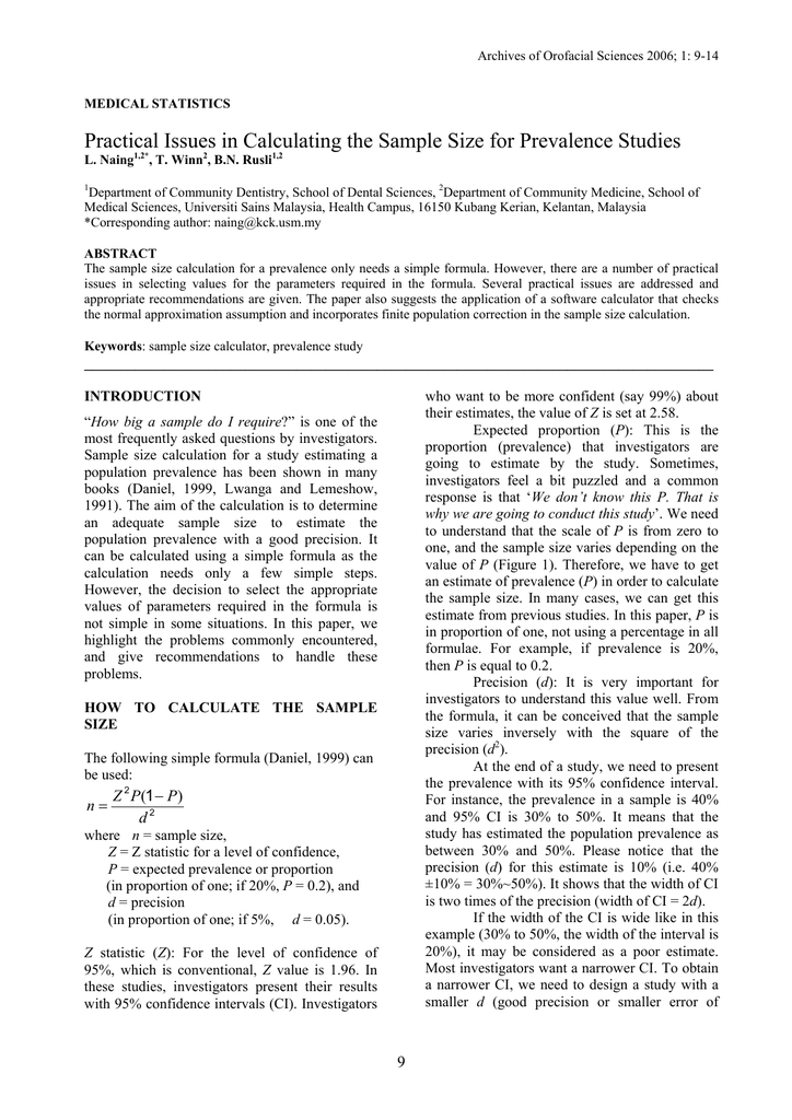 Practical Issues In Calculating The Sample Size For