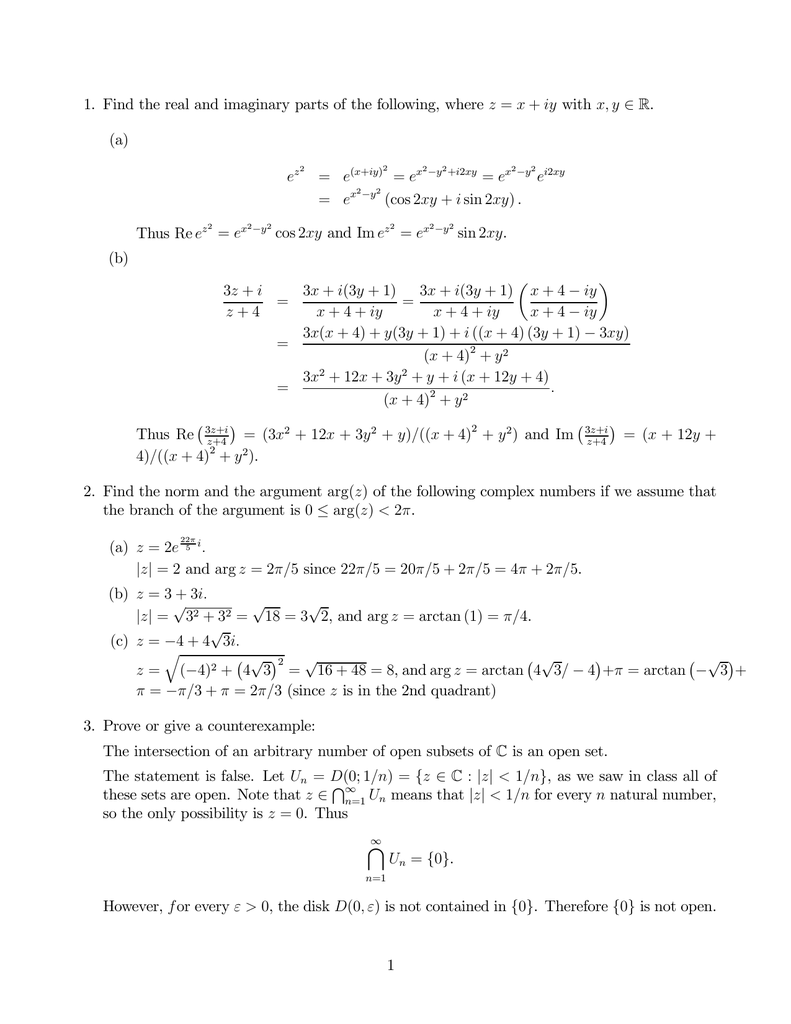 1 Find The Real And Imaginary Parts Of The Following Where Z X Iy