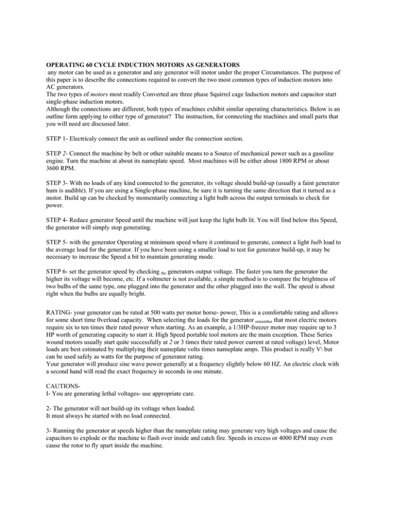 OPERATING 60 CYCLE INDUCTION MOTORS AS GENERATORS