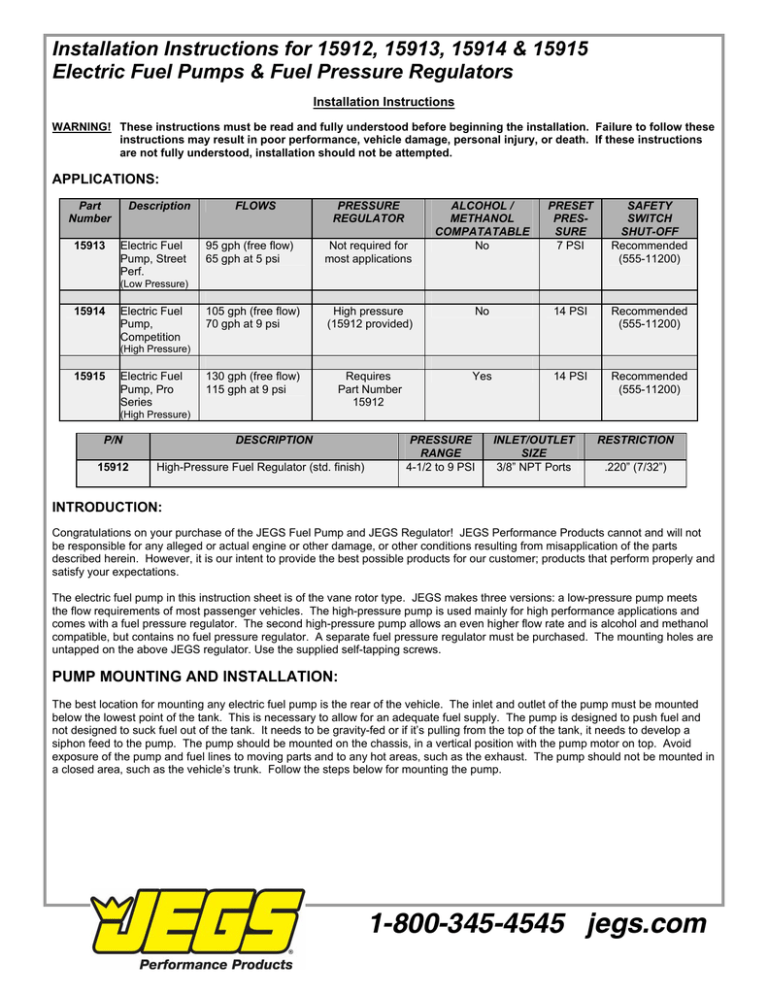 JEGS 15913 Fuel Pump Electric Installation Instructions