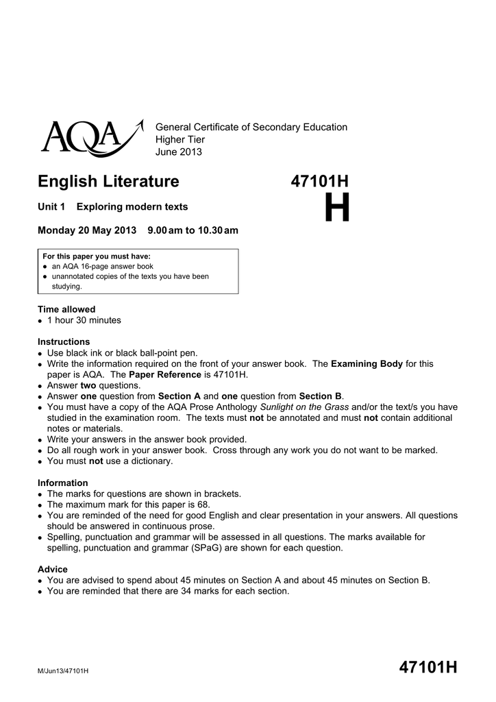 GCSE English Literature Question paper Unit 01 - Exploring