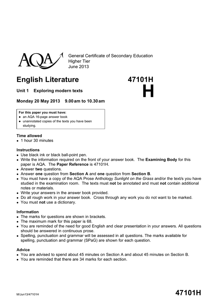 GCSE English Literature Question Paper Unit 01 Exploring