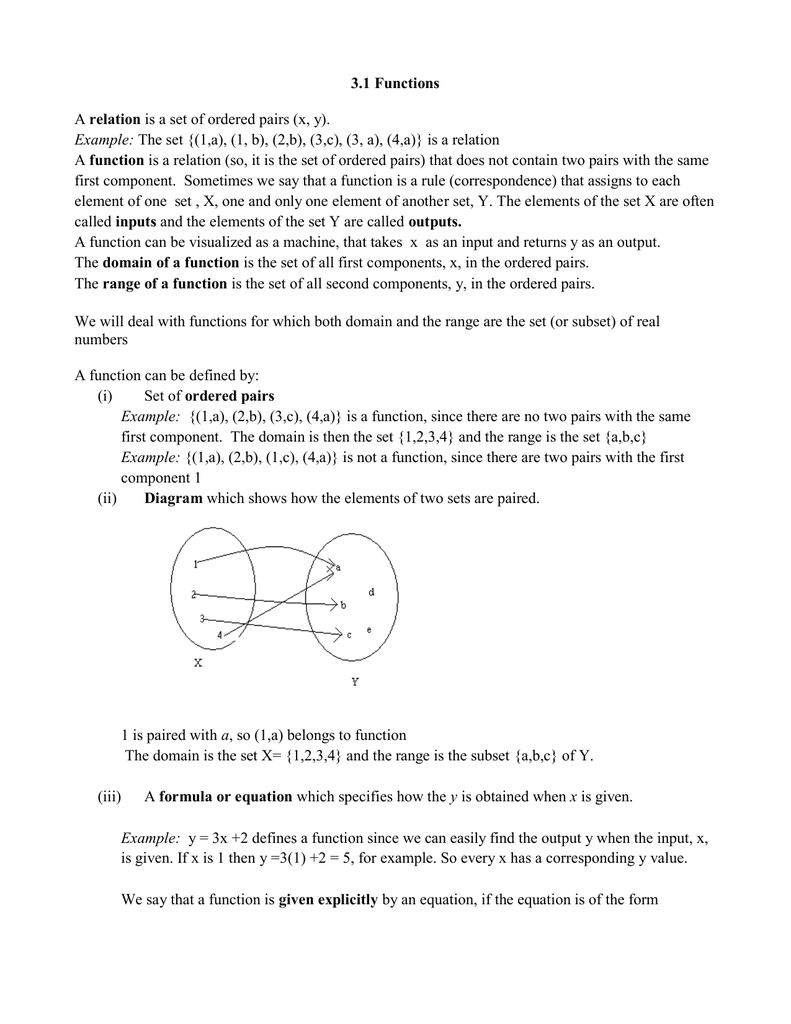 3 1 Functions A Relation Is A Set Of Ordered Pairs X Y Example The