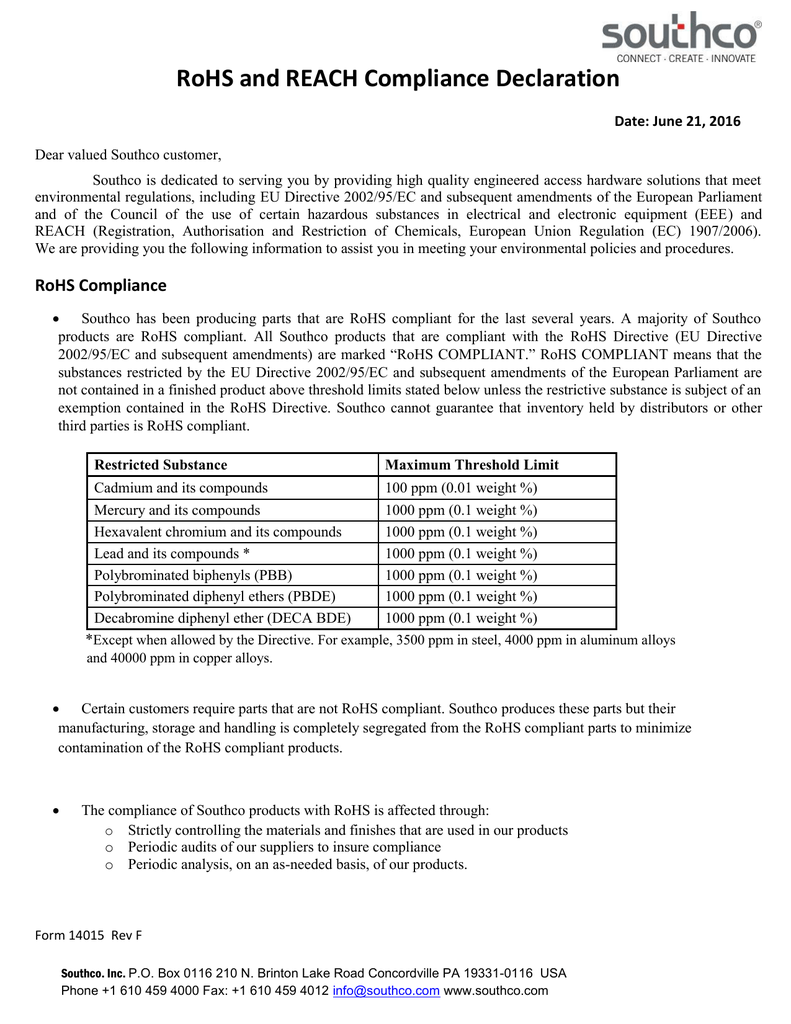 RoHS and REACH Compliance Declaration