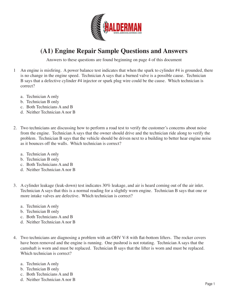 A1) Engine Repair Sample Questions and Answers