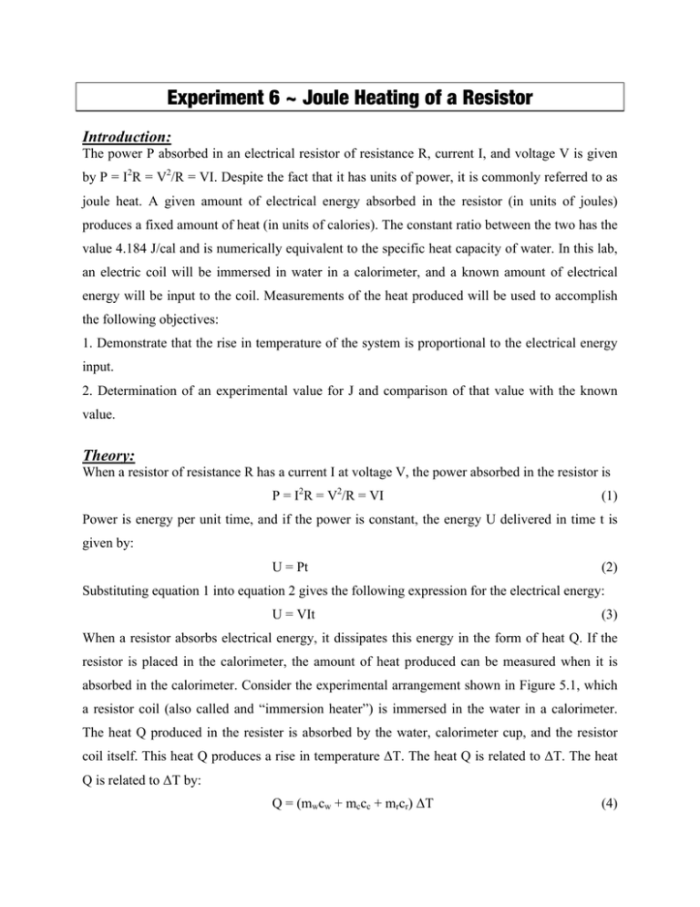 Experiment 6 Joule Heating of a Resistor