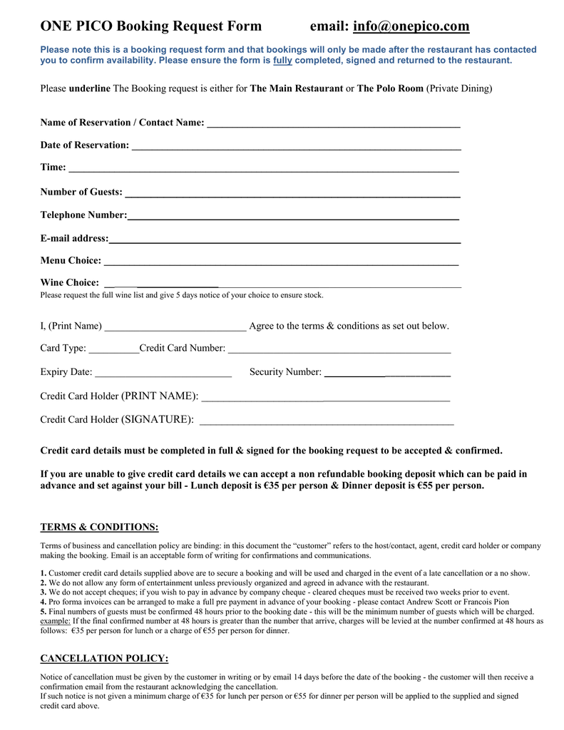 ONE PICO Booking Request Form email: Within restaurant cancellation policy template