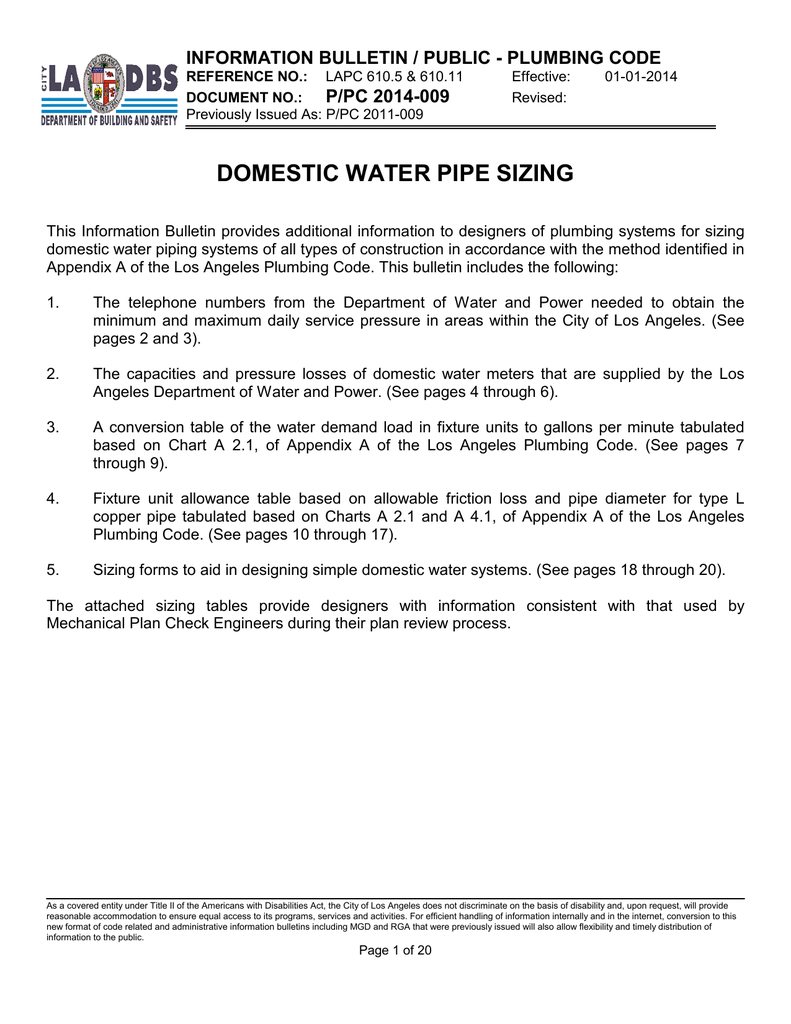 Domestic Water Pipe Sizing Chart