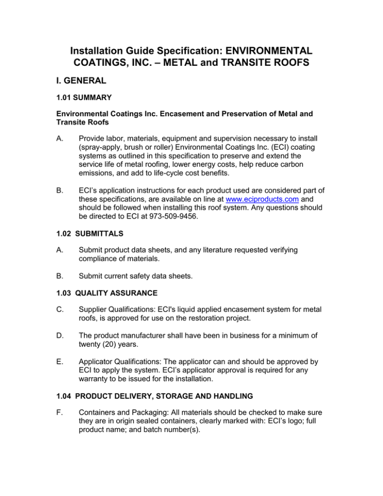 Installation Guide Specification ENVIRONMENTAL COATINGS, INC