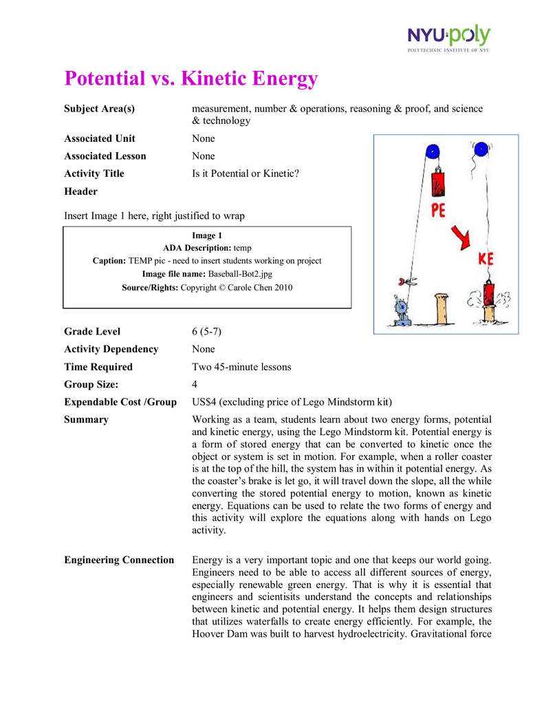 Potential vs. Kinetic Energy For Potential Versus Kinetic Energy Worksheet