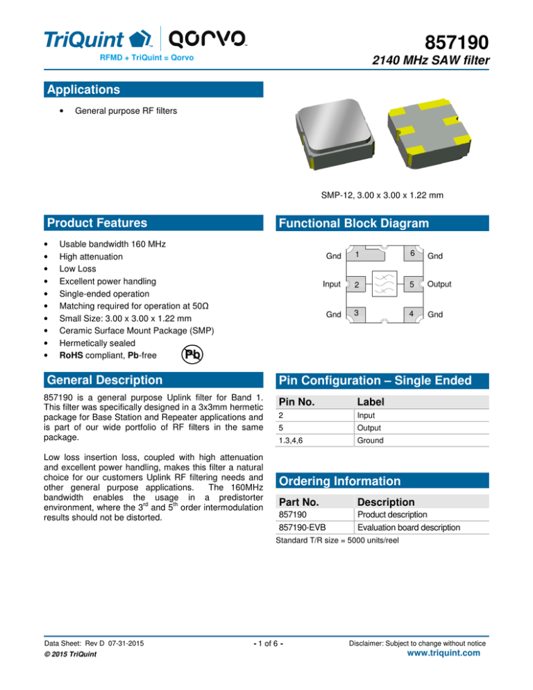 2140 MHz SAW filter Applications Pin Configuration Single Ended