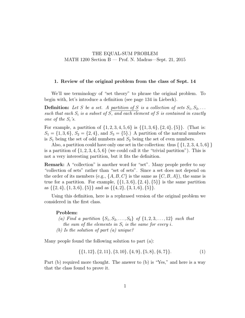 The Equal Sum Problem Math 10 Section B Prof N