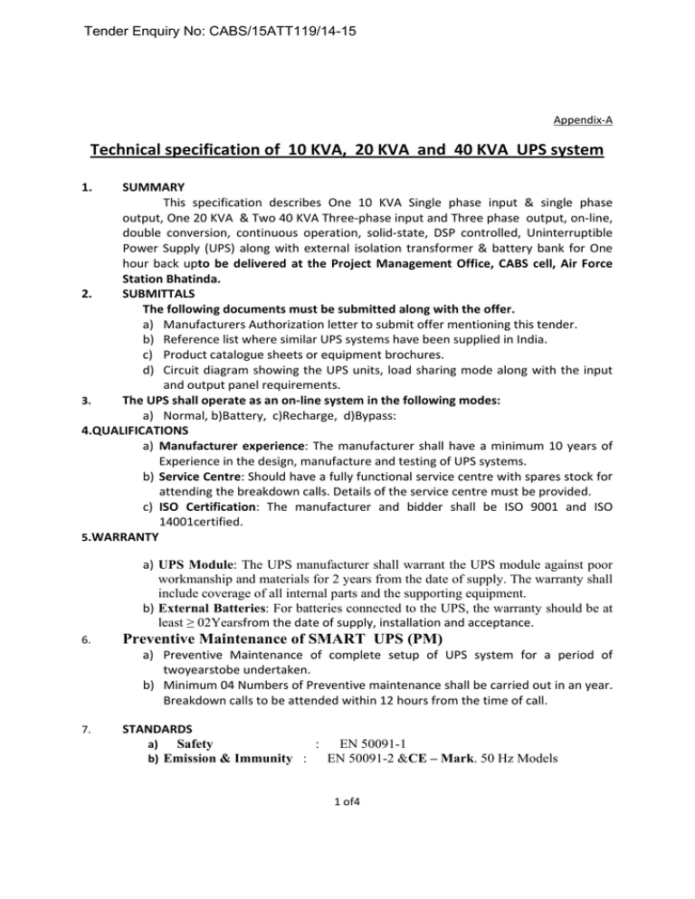 Technical Specification Of 10 KVA 20 KVA And 40 KVA UPS