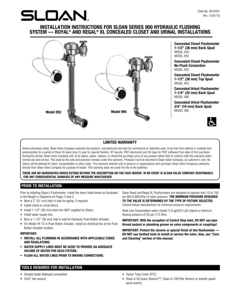 Concealed 900 Series Installation Instructions Sloan