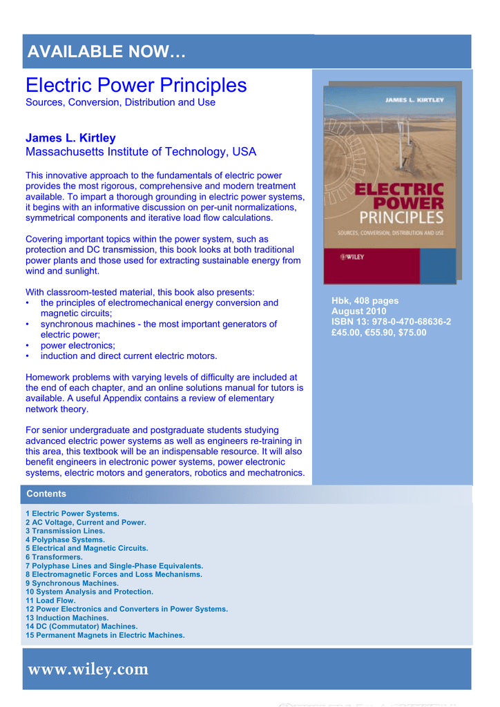 Electric Power Principles: Sources, Conversion, Distribution and Use