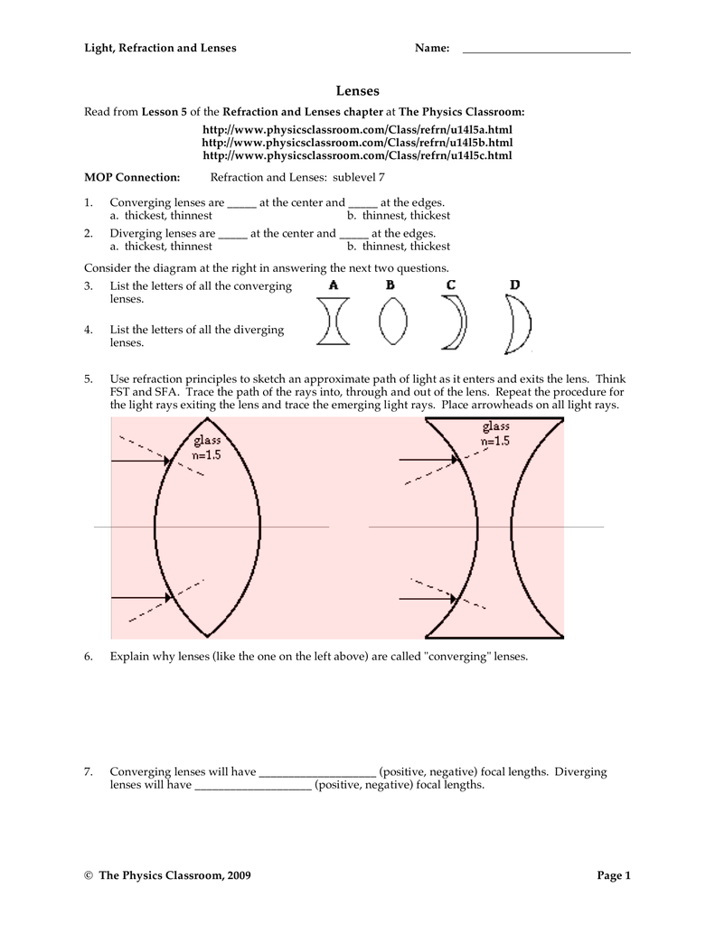 Light Refraction And Lenses Worksheet Answers
