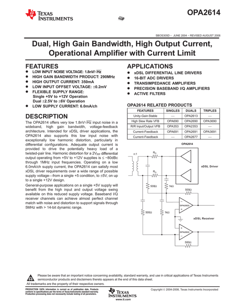 Dual, High Gain Bandwidth, High Output Current, Op Amp with