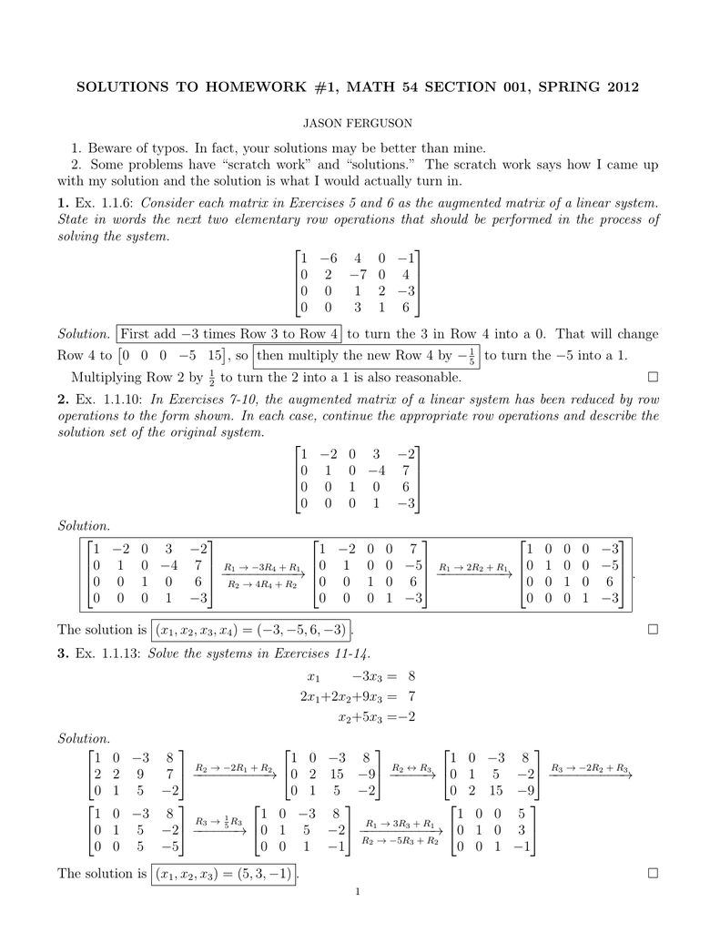 SOLUTIONS TO HOMEWORK 1, MATH 54 SECTION 001, SPRING