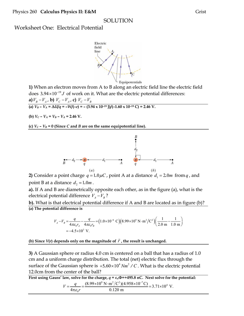 Solution Worksheet One Electrical Potential