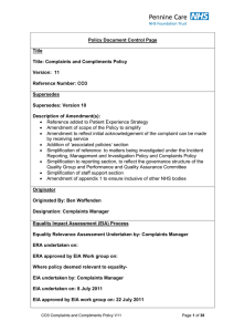 Policy Document Control Page Title Title: Complaints and