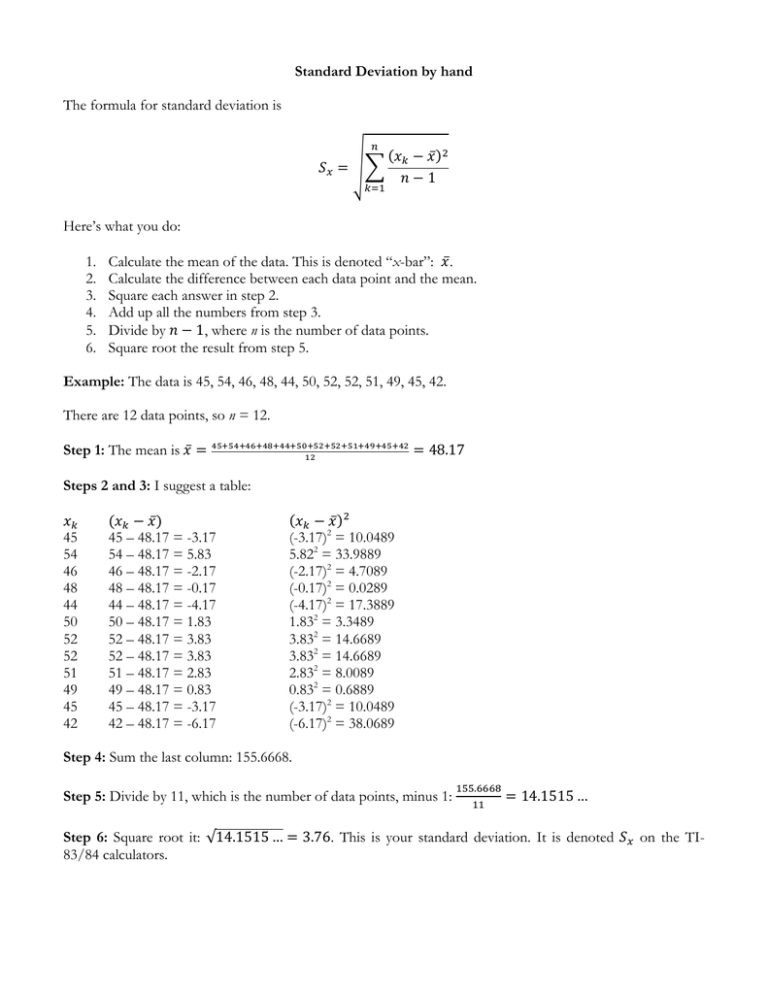 Standard Deviation by hand The formula for standard deviation is