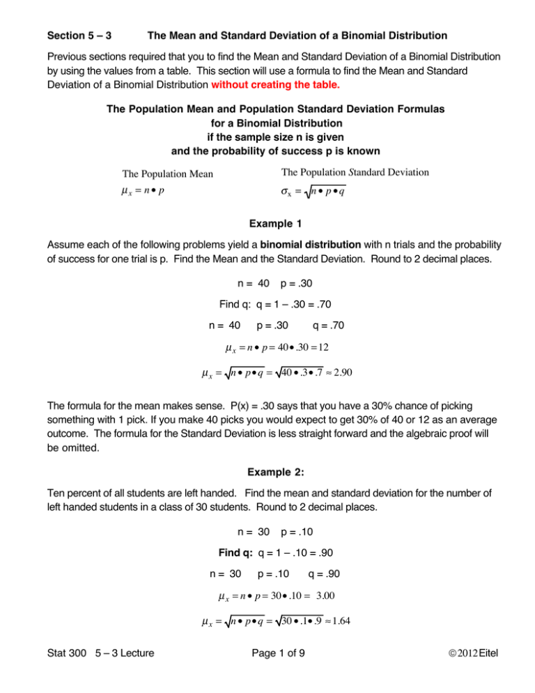 The Mean And Standard Deviation Of Binomial Probability Distributions