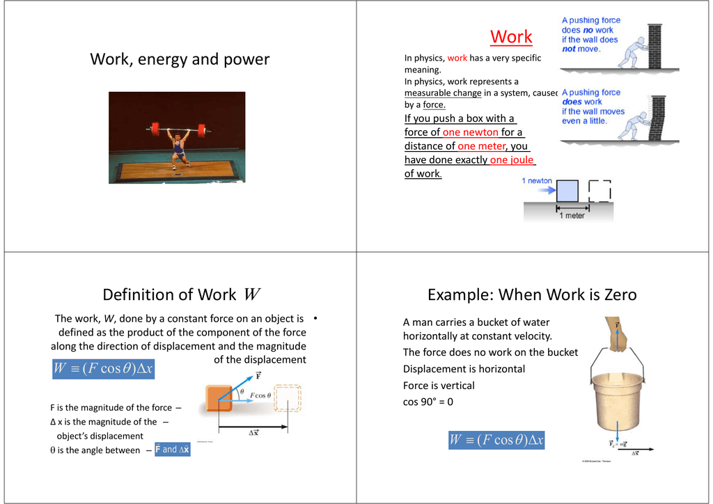 Work Energy And Power Definition Of Work W Example When Work