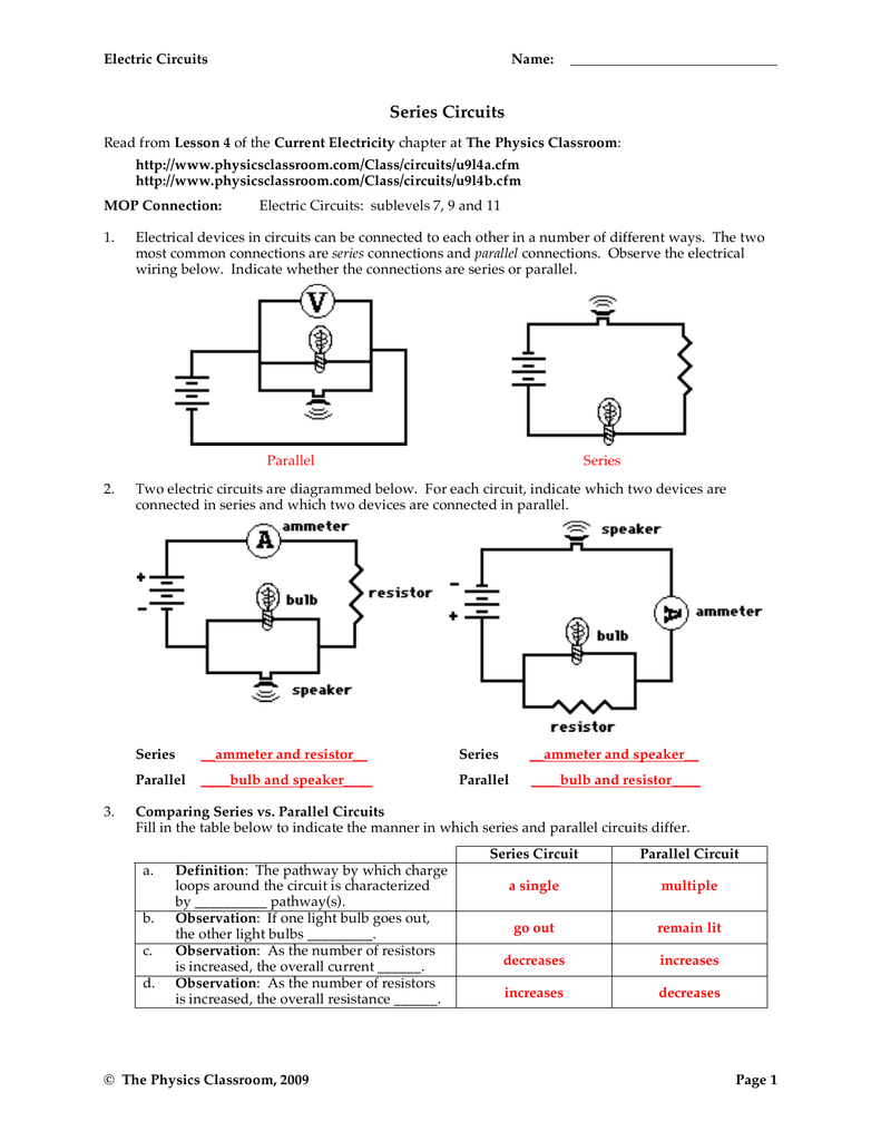 Circuits Worksheet Answer Key