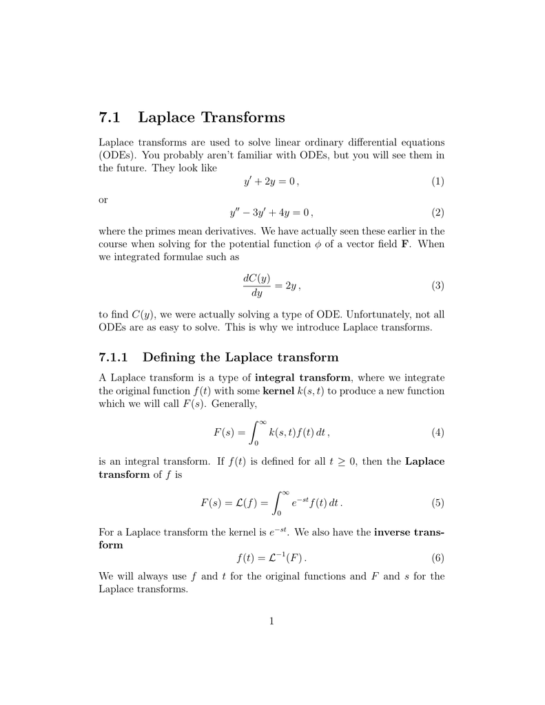 7 1 Laplace Transforms