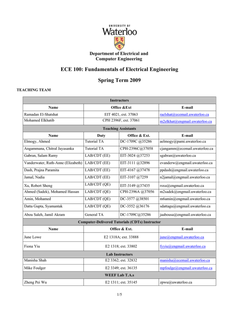 Course Outline Electrical And Computer Engineering