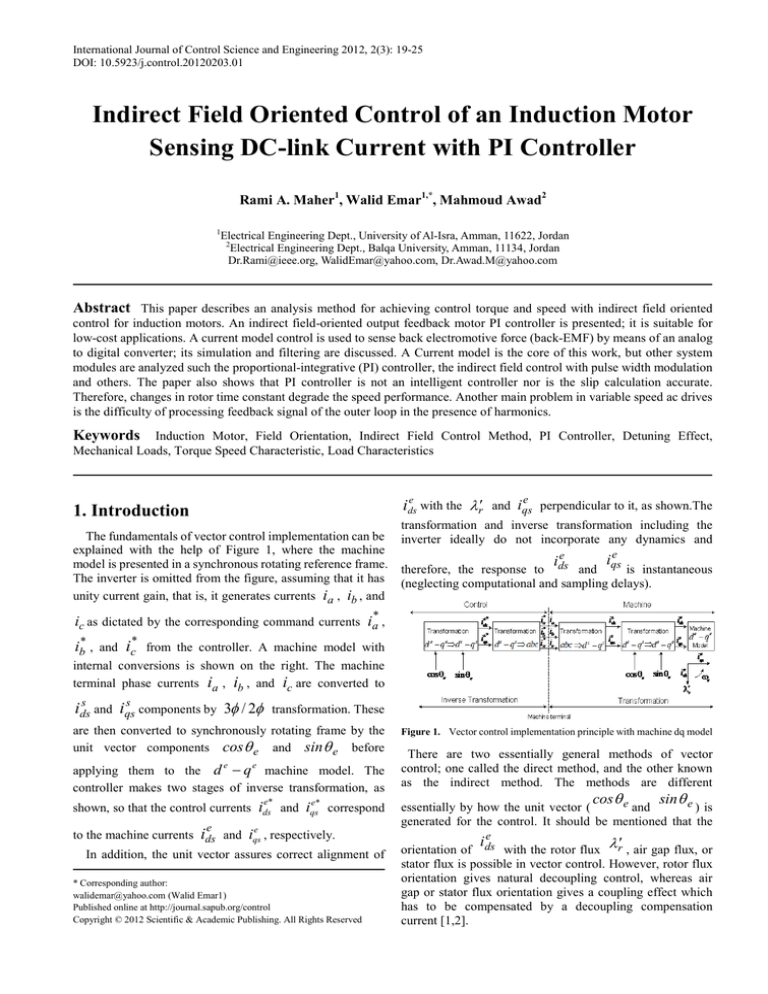 Induction motor, field orientation, indirect field control method, PI