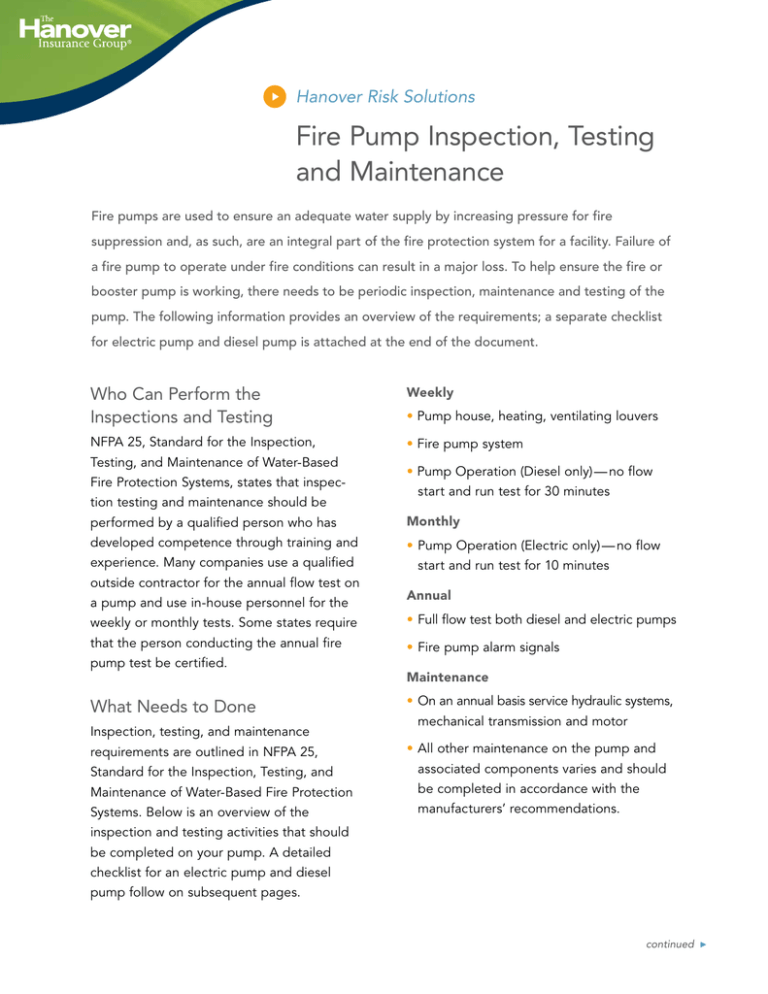 Fire Pump Inspection, Testing and Maintenance