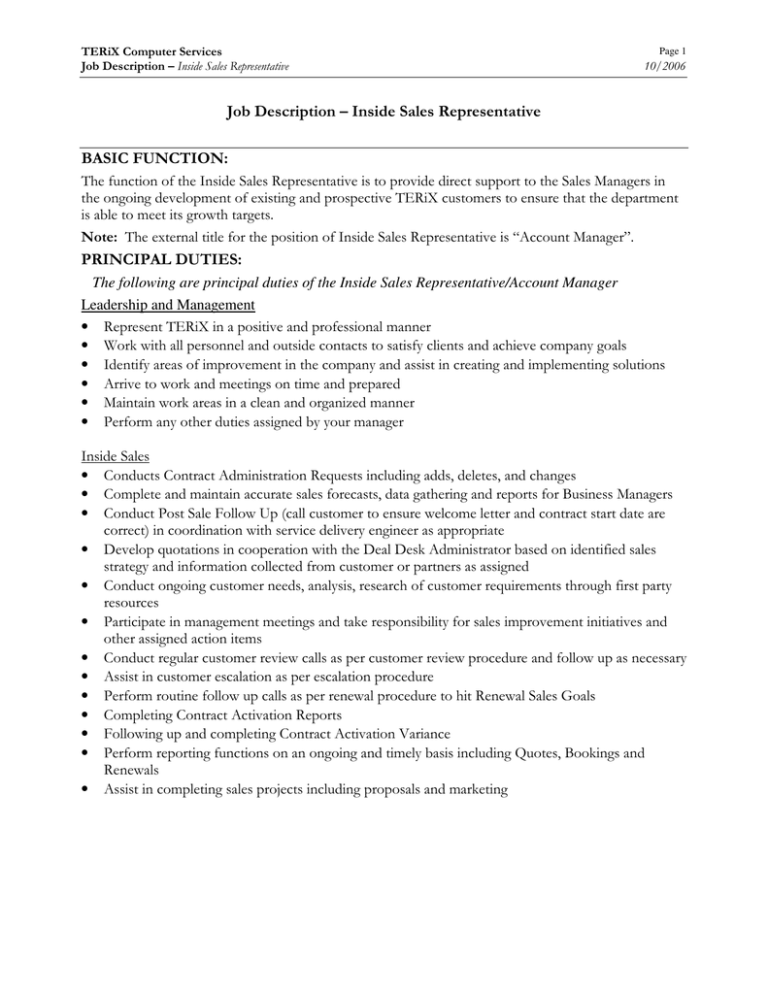 Inside Sales Person Job Description