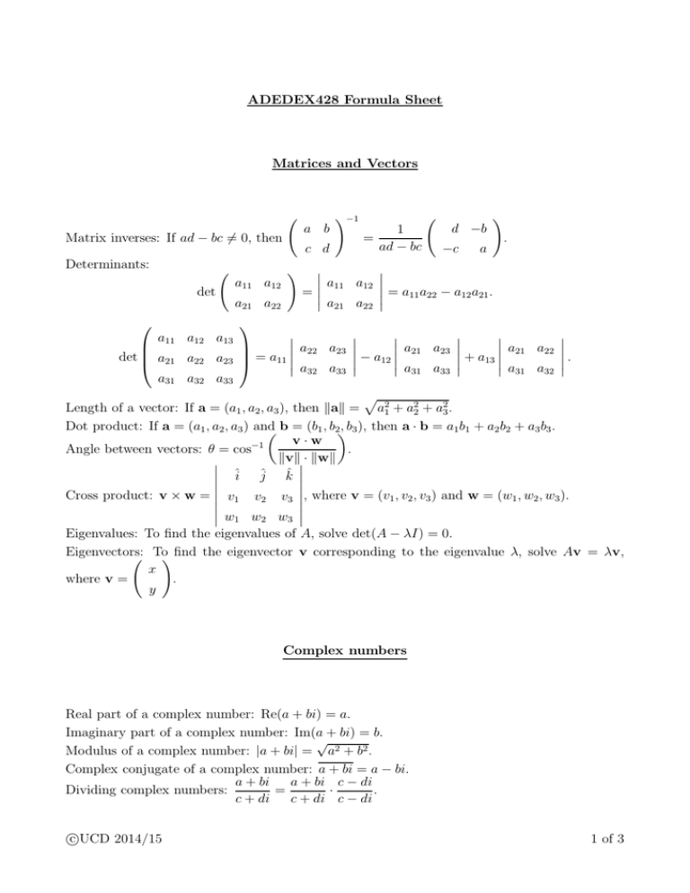 Adedex428 Formula Sheet Matrices And Vectors Matrix Inverses If